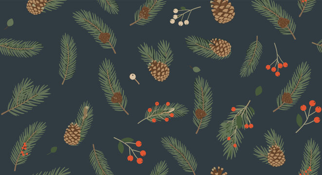 Seamless winter holiday pattern featuring pine branches, pinecones, and red holly berries on a dark forest background.