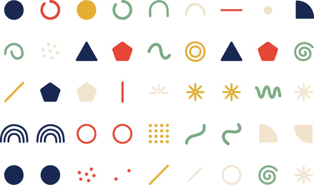 Collection of abstract geometric shapes and icons in various bright colors on a transparent background