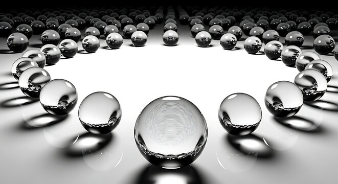 Glass orbs arranged in circle on reflective surface with reflective abstract leadership minimalist transparent background geometric professional perfection arrangement