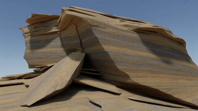 Layered sandstone rock formations with horizontal striations under a clear blue sky geology