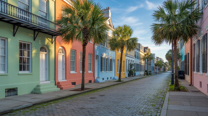 Obraz premium Rainbow Row Charleston South Carolina Historic Streetscape with Palm Trees and Cobblestone Road