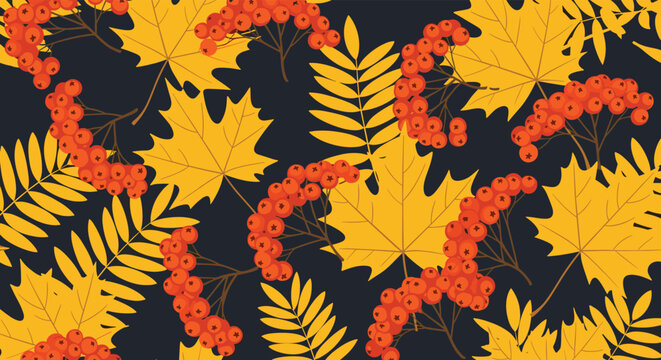 Autumn themed seamless pattern showcasing yellow maple leaves and clusters of orange rowan berries on a dark navy blue background.