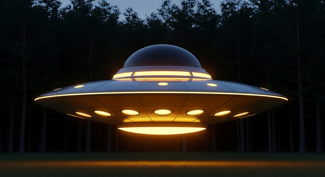 Illuminated ufo spaceship hovering over forest at night with spaceship extraterrestrial hovering discovery paranormal futuristic exploration phenomenon universe
