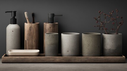 Naklejka premium Modern Bathroom Accessories Set on Wooden Tray Against Dark Wall.