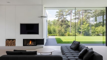 Fototapeta premium Modern living room with fireplace and floor-to-ceiling windows.