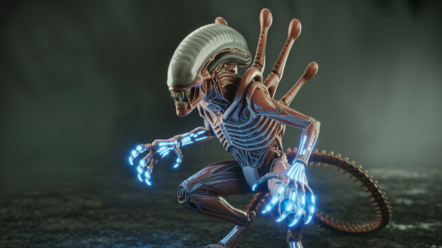 Terrifying alien creature with glowing blue claws and ribbed head in a dark setting monster extraterrestrial