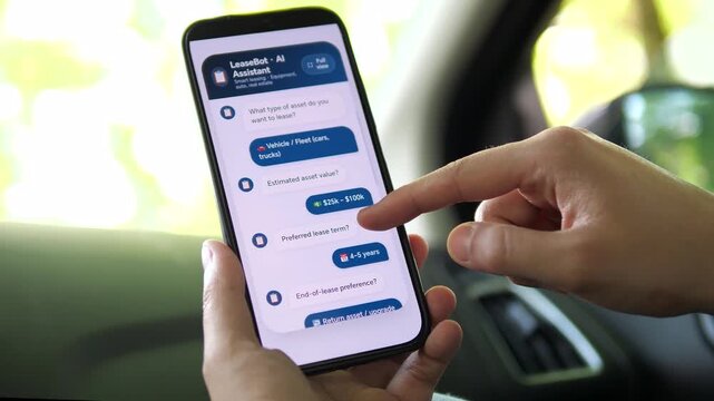 Using LeaseBot AI to find a leasing plan for vehicles. The user selects asset type, value, and term via chat. Perfect for fintech, equipment leasing, and AI assistant visuals