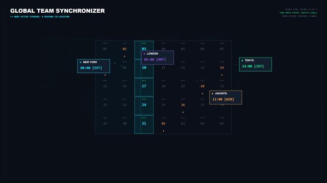Global Team Synchronizer HUD Motion Design Video for Corporate Template and Website Background, Digital Calendar for Remote Business Presentation Background