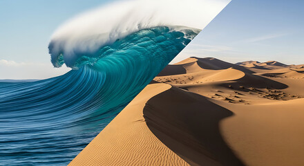 Surreal split view combining desert dunes and massive ocean wave with landscape contrast dramatic environment abstract creative adventure