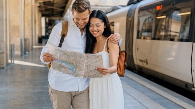 Happy couple tourist with maps in their hands.

