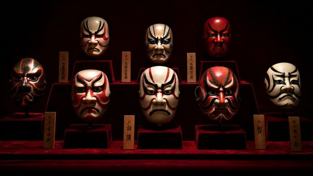 A red velvet display of kabuki masks with dramatic expressions and lighting.