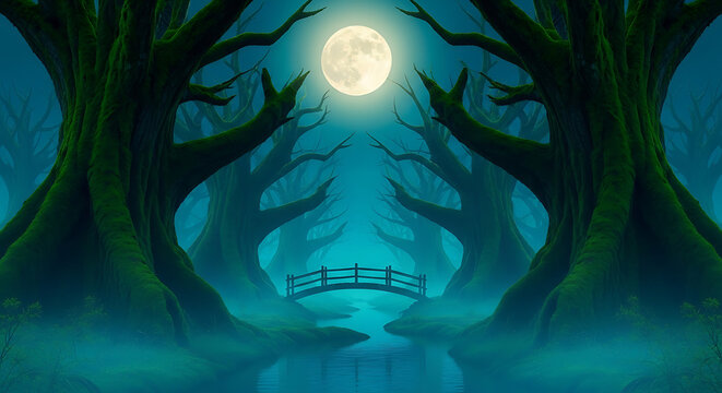 Full moon over a small bridge in a spooky misty forest with landscape woodland nighttime tranquil ethereal atmosphere
