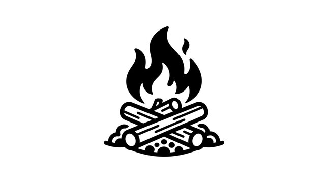 Black and white vector illustration of a campfire with flames and logs