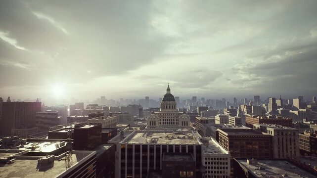sunrise over historic city skyline with domed capitol and rooftops cinematic golden light spills across architecture and concrete terraces, soft haze