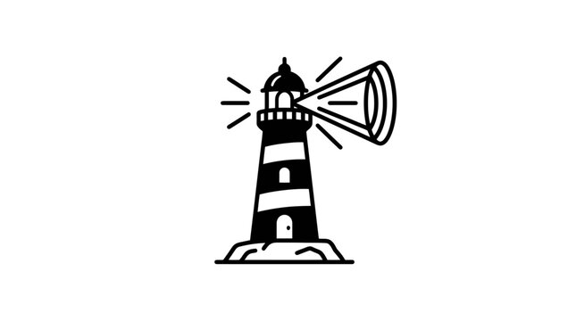 Black and white lighthouse illustration with beacon light rays