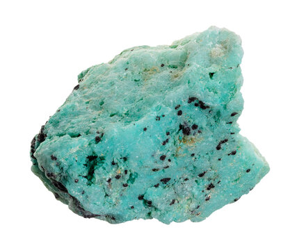 rough piece of armenian chrysocolla rock with black libethenite crystals cutout on white background