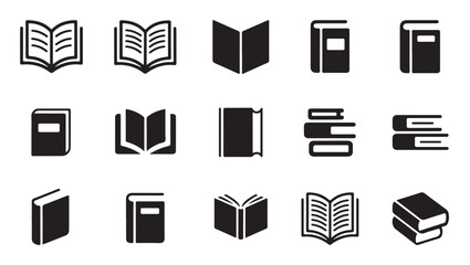 Black and white book icons for publishing industry and academic library interface design.