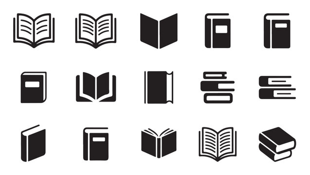 Black and white book icons for publishing industry and academic library interface design.