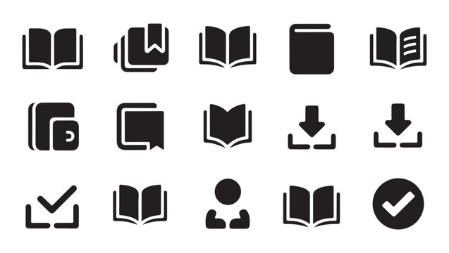 Ebook and digital library icons with download symbols and bookmark markers for mobile apps.
