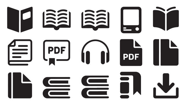 Pdf document and audio book icons with headphones and file download signs for web design.