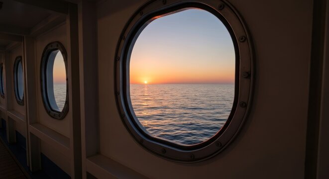 Sunset view through porthole, ocean and sky in a ship's passage
