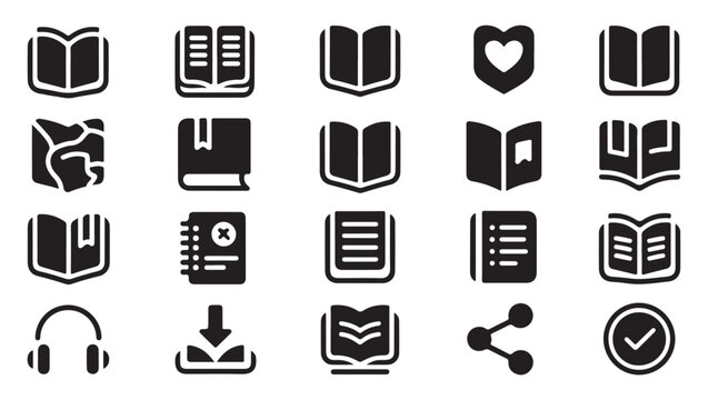 Book set vector illustration. reading book, audiobook, bookmark and download file icons.