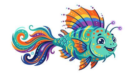 Fototapeta premium Adorable, humorous tropical fish. Elegant fantasy aquarium creature. Tiny exotic marine species. Marvelous fictional ocean fauna. Bright flat vector illustration set against a white background