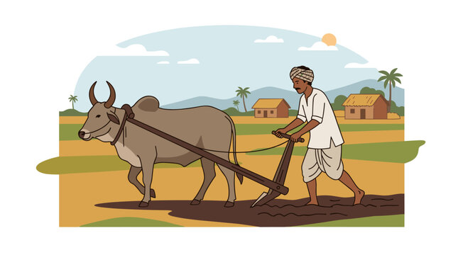 An Indian farmer is tilling the soil with a simple ox‑drawn plough, while a farmhand and a zebu stand on the agricultural field in India, depicting a man working on Asian farmland in a flat vector