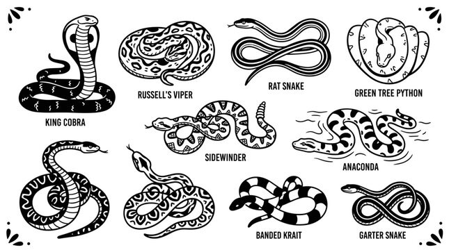 A collection of assorted snakes&mdash;including vipers, cobras, and others&mdash;drawn in black and white, presented as a vector illustration