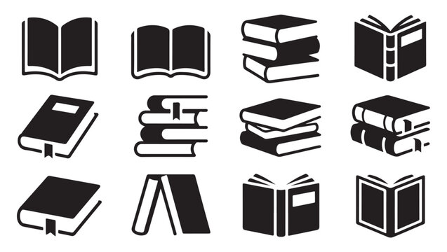 Set of minimalist black book icons depicting open and closed books and book stacks daily.
