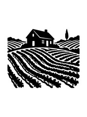 Fototapeta premium Rustic vineyard landscape with farmhouse and crop rows linocut style illustration