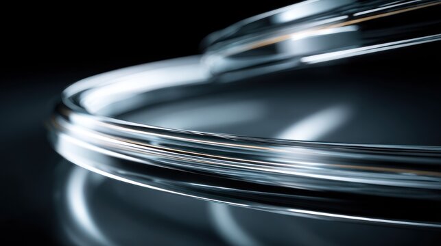 Smooth, curved bands of polished metal reflect light against a dark background.