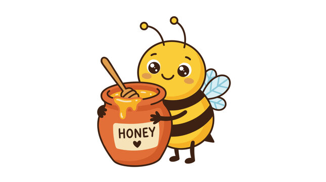 A cheerful, cute bee embraces a clay pot filled with honey, sporting a smiling, sweetly funny face in a childlike, flat cartoon vector style set against a white background