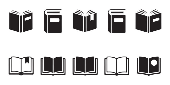 Set of simple black solid book icons representing literature study and library resources.