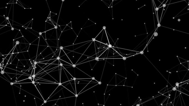 Abstract digital technology plexus background of white animated lines and dots on black background. Looping seamless geometric wallpaper. Concept of molecules, data, artificial intelligence.