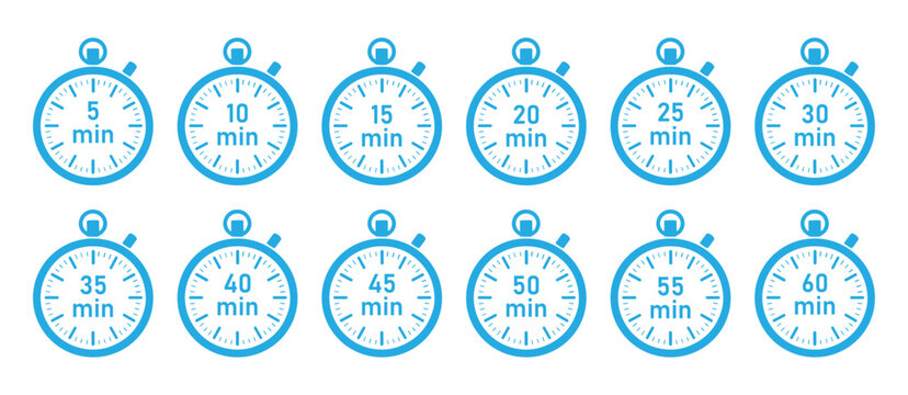 Blue timer collection with 5, 10, 15, 20, 30, 45, and 60 minutes labels.