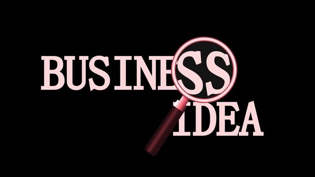 Business idea magnified animation, Business idea text with magnifying glass highlighting letter n on black background