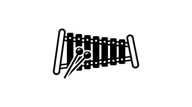 Simple black and white icon of a xylophone with two mallets