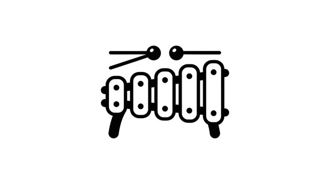 Simple black line art icon of a xylophone with mallets on a white background