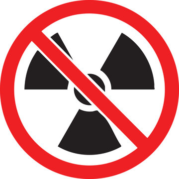 Radiation hazard symbol with a red prohibition circle warning sign for danger and radioactivity isolated on white