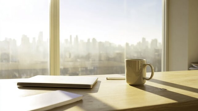 Minimal Winter Office Desk at Midday city architecture view