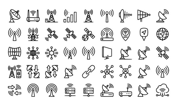 Modern satellite antenna outline icon collection with wireless signal vectors
