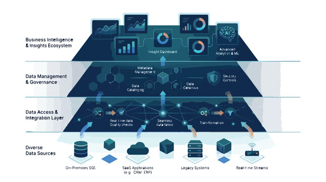 Comprehensive Data Management and Business Intelligence Architecture Infographic.