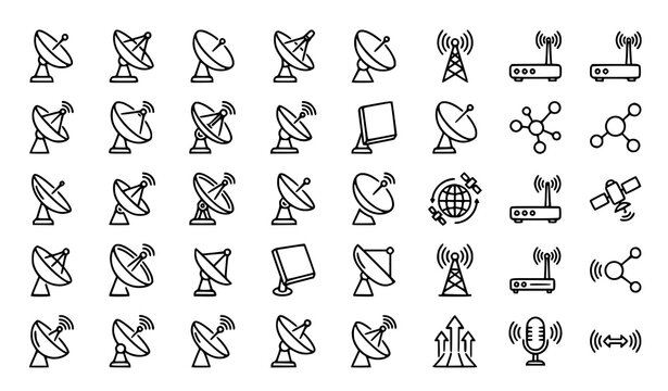Minimal satellite dish vector set with wireless signal antenna outline icons