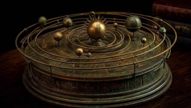 A patinated bronze heliocentric model with planetary rings sits on a dark wood table.