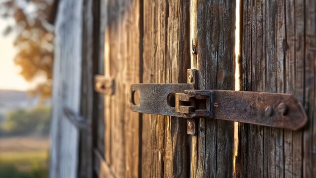 Weathered wooden barn door with aged metal hasps in morning light.