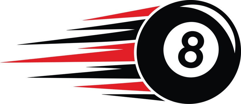 Dynamic vector graphic illustration featuring a black eight ball moving rapidly with sharp red and black speed motion lines design
