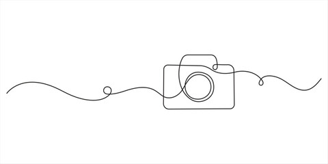 Illustration of a photo camera, made in one continuous line. Minimalistic drawing of a camera for travel and photography in the style of one line art. Vector illustration.  © SS line art