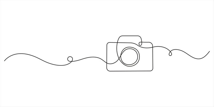 Illustration of a photo camera, made in one continuous line. Minimalistic drawing of a camera for travel and photography in the style of one line art. Vector illustration. 