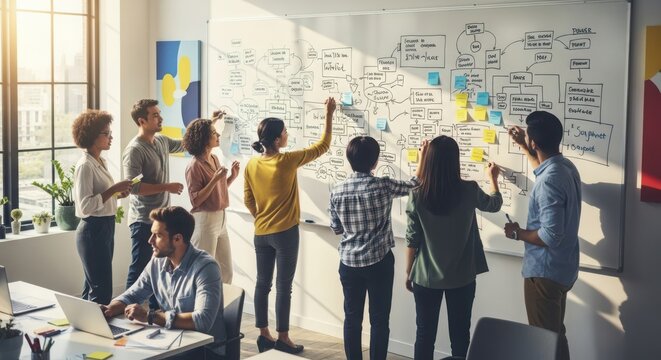 Business team discussing project plan on whiteboard with sticky notes business meeting team collaboration